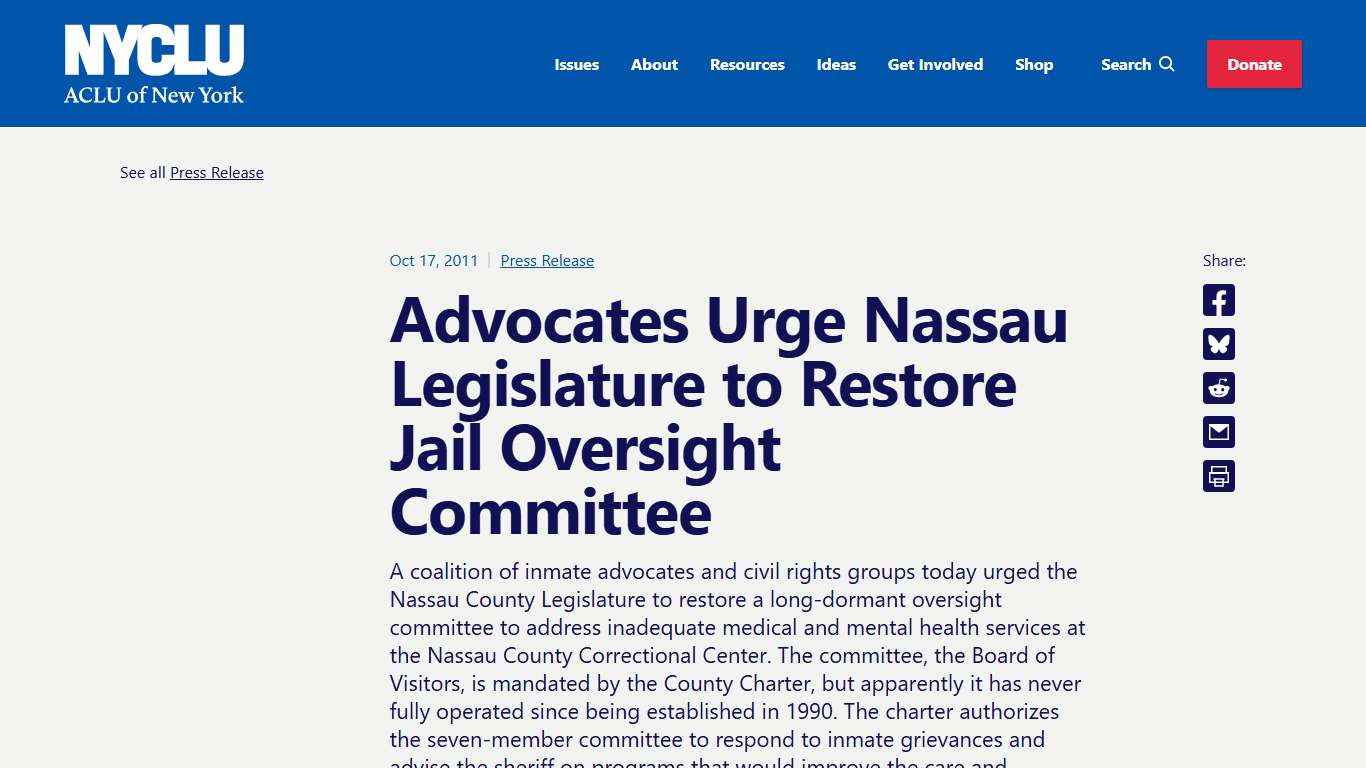 Advocates Urge Nassau Legislature to Restore Jail Oversight Committee - NYCLU